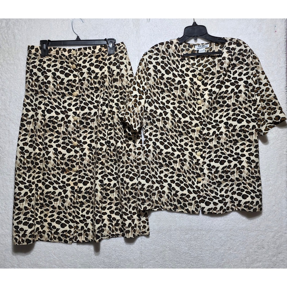 Vintage Voir Leopard Print 2 Piece Skirt Set Women Medium Button Front 90s Brown